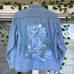 Vintage Denim Wolf Graphic Button-up